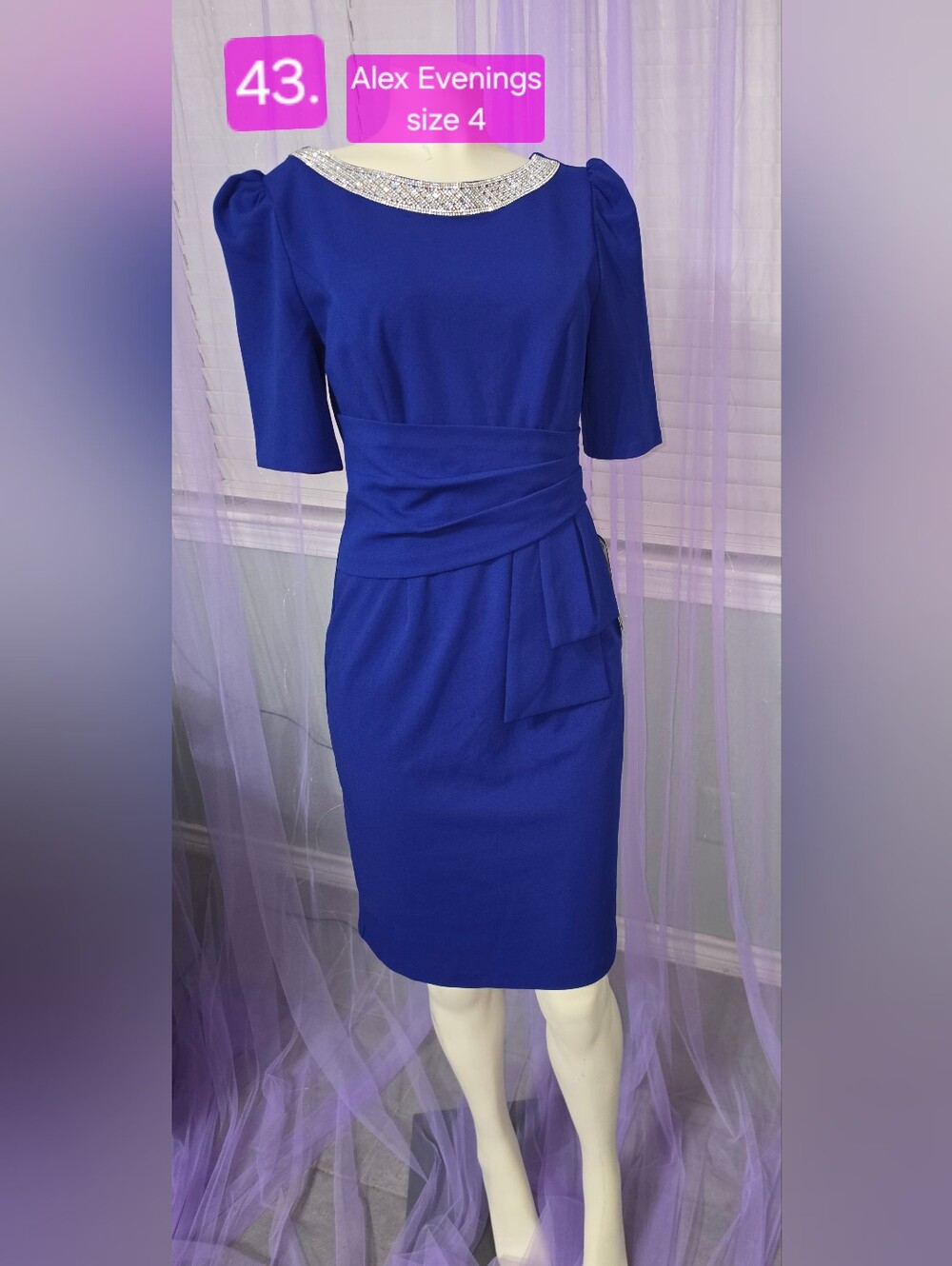 Alex Evenings Royal Blue Midi Sheath Dress with Embellished Neckline